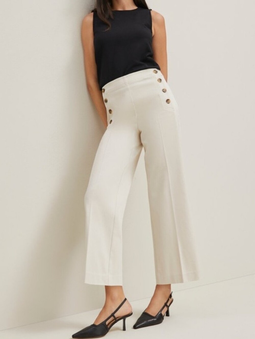 🚨NEW ANN TAYLOR Cream Ivory Sailor Button High Waist Wide-Leg Crop Pant Sz 4P